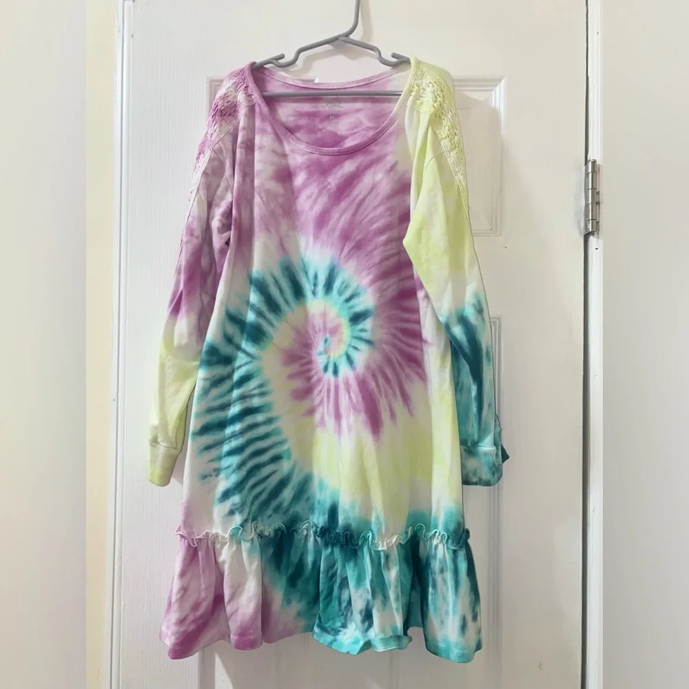 Justice Girls Tie Dye Ruffle Hem Long Sleeve Dress Size 10